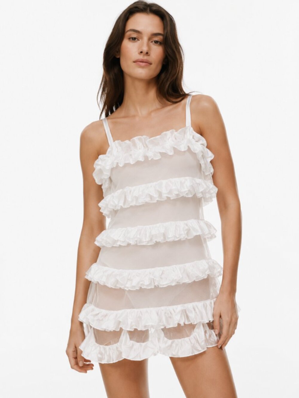 𝅺FLORA NIKROOZ WHITE LAYERED RUFFLE SATIN-LIKE AND MESH STRIPES BABYDOLL